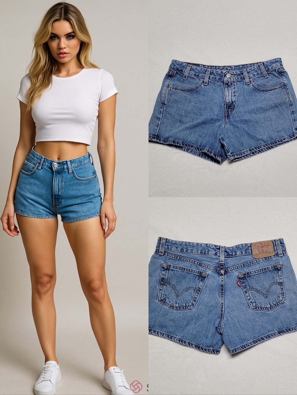 Levi's Vintage Y2K Mid-Wash Blue Cotton Denim Mid-Rise Red Tab Daisy Duke Shorts - Picture 1 of 9
